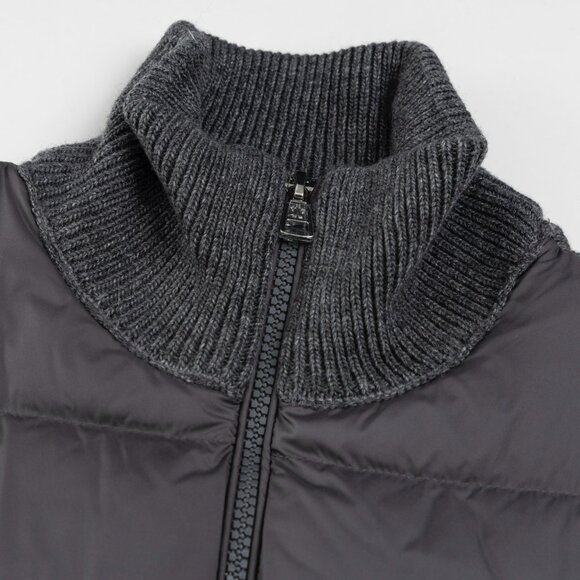 Moncler Grey Down Jacket | Wool Knit Sleeves, White Stripes, 90% White Duck Down - Picture 3 of 9